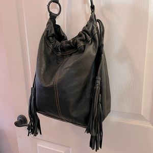 Lucky Brand Leather Boho Hobo Bucket Drawstring Shoulder Bag w Tassels in Black